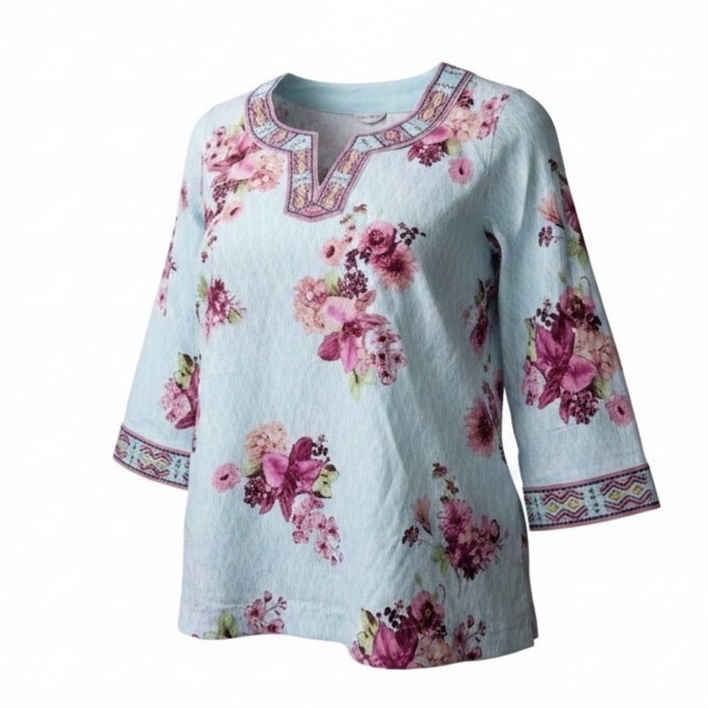 John Mark Womens Size Large Blue Floral Beaded V-Neck Linen Blend Tunic NWT
